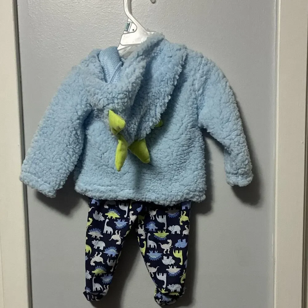 NWT Baby Dinosaur Fleece Hooded Jacket & Footed Pants Outfit Set 3/6M